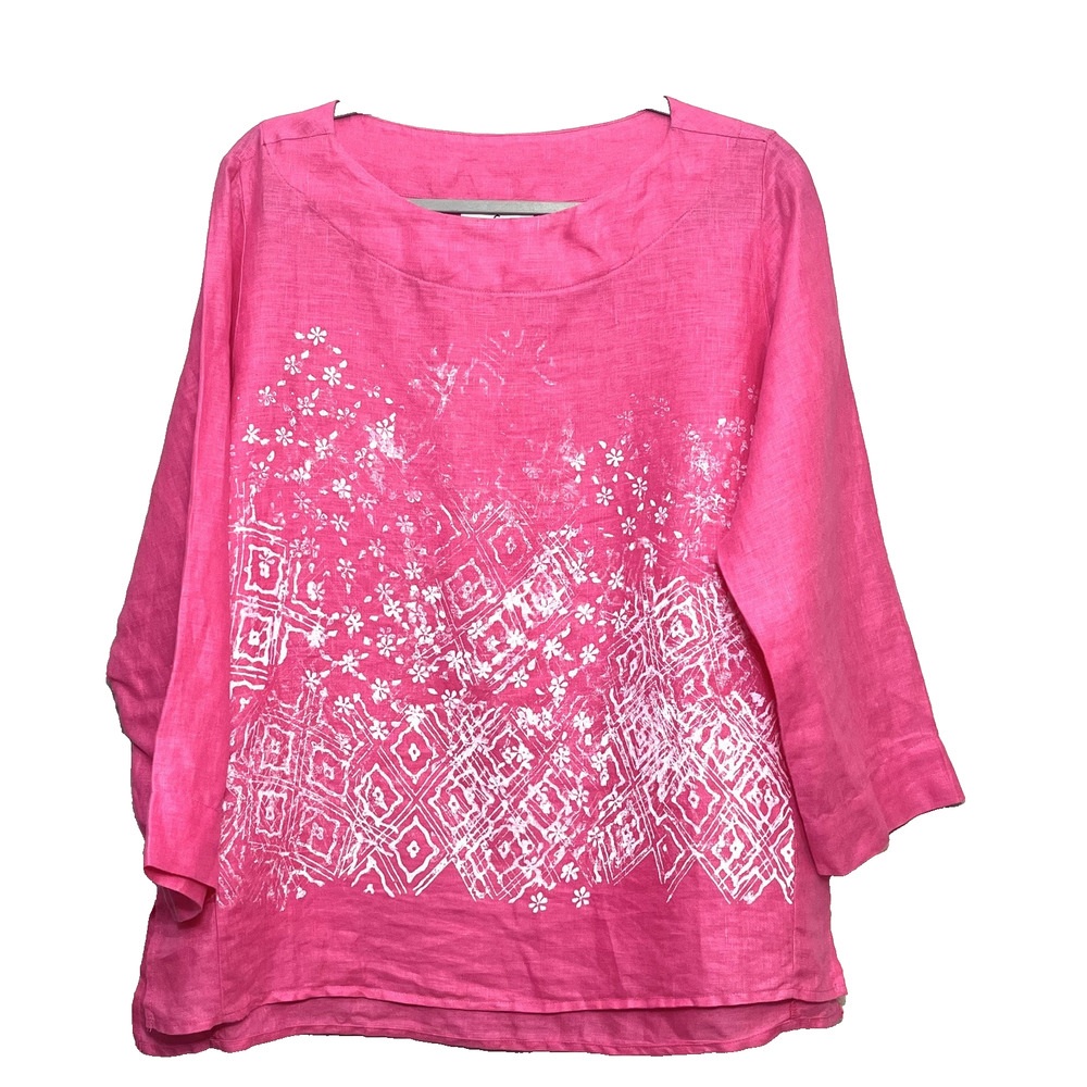 Whyci Milano Pink Linen 3/4 Sleeve Tunic Large IT 46 Coastal Boho Luxury Resort
